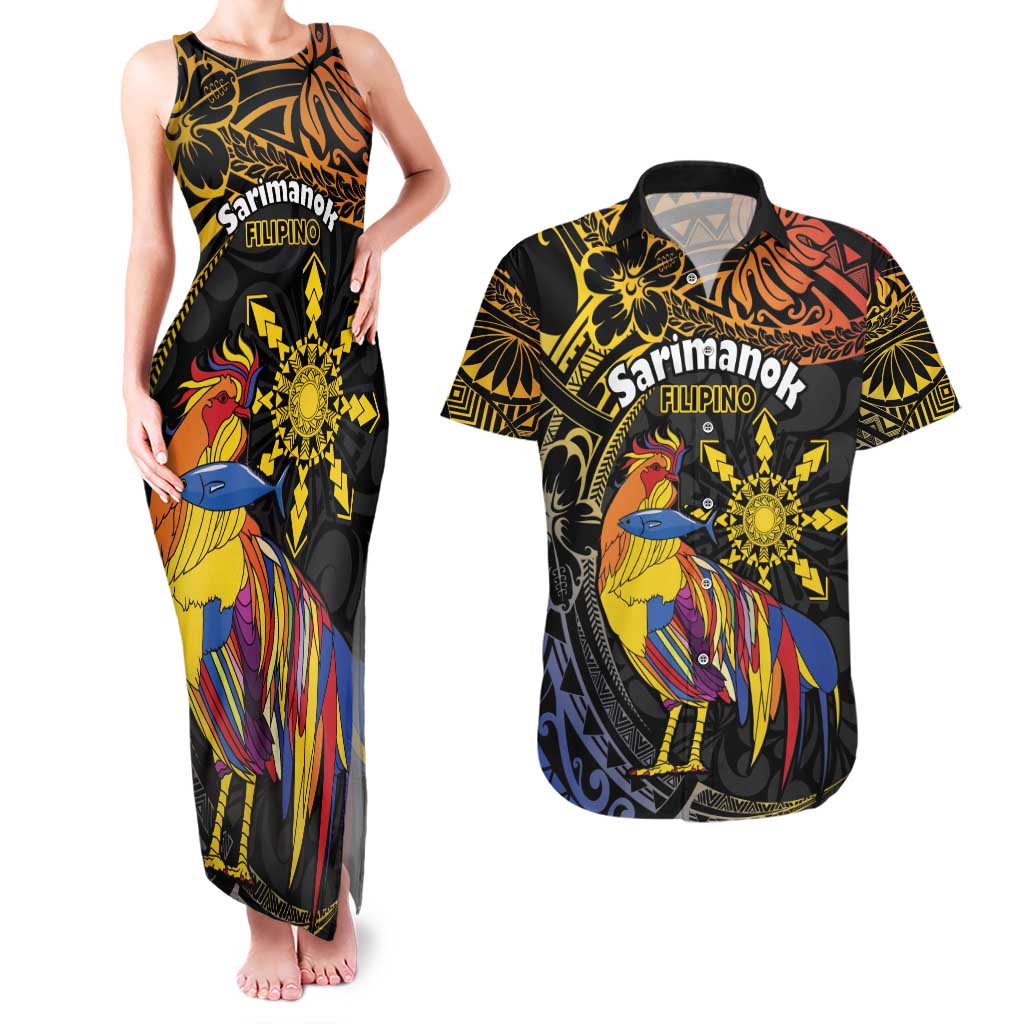 Philippines Sarimanok Couples Matching Tank Maxi Dress and Hawaiian Shirt Papanok Legendary Bird Okir Polynesian Pattern LT14 Black - Polynesian Pride