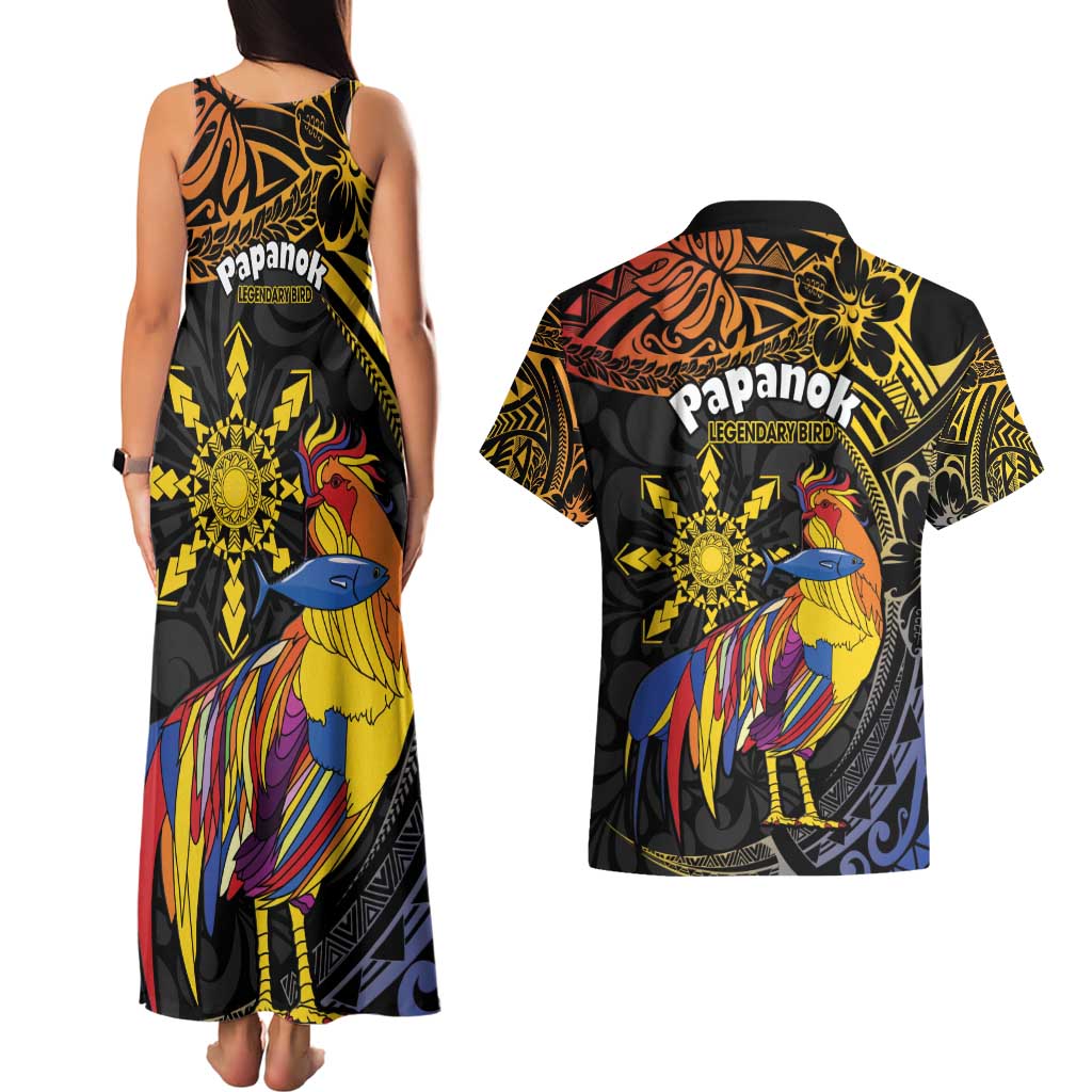 Philippines Sarimanok Couples Matching Tank Maxi Dress and Hawaiian Shirt Papanok Legendary Bird Okir Polynesian Pattern LT14 - Polynesian Pride