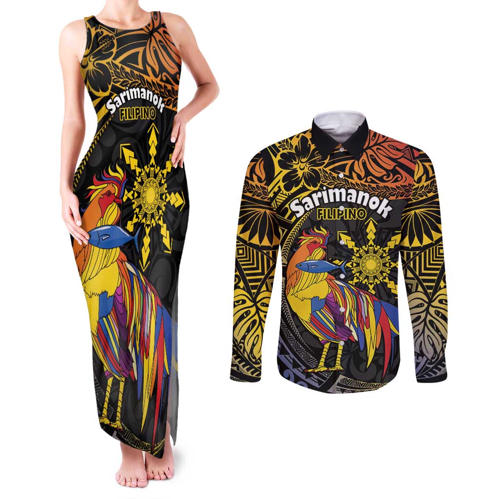 Philippines Sarimanok Couples Matching Tank Maxi Dress and Long Sleeve Button Shirt Papanok Legendary Bird Okir Polynesian Pattern