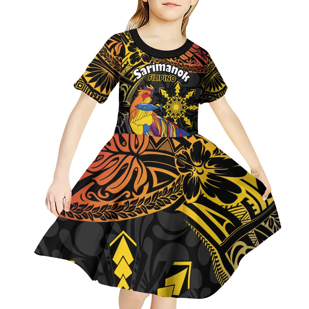 Philippines Sarimanok Kid Short Sleeve Dress Papanok Legendary Bird Okir Polynesian Pattern