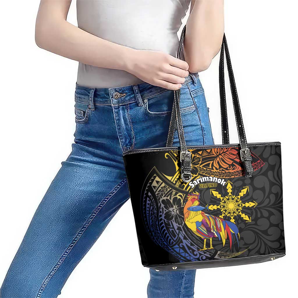 Philippines Sarimanok Leather Tote Bag Papanok Legendary Bird Okir Polynesian Pattern