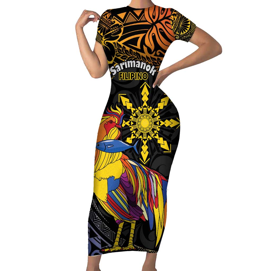 Philippines Sarimanok Short Sleeve Bodycon Dress Papanok Legendary Bird Okir Polynesian Pattern