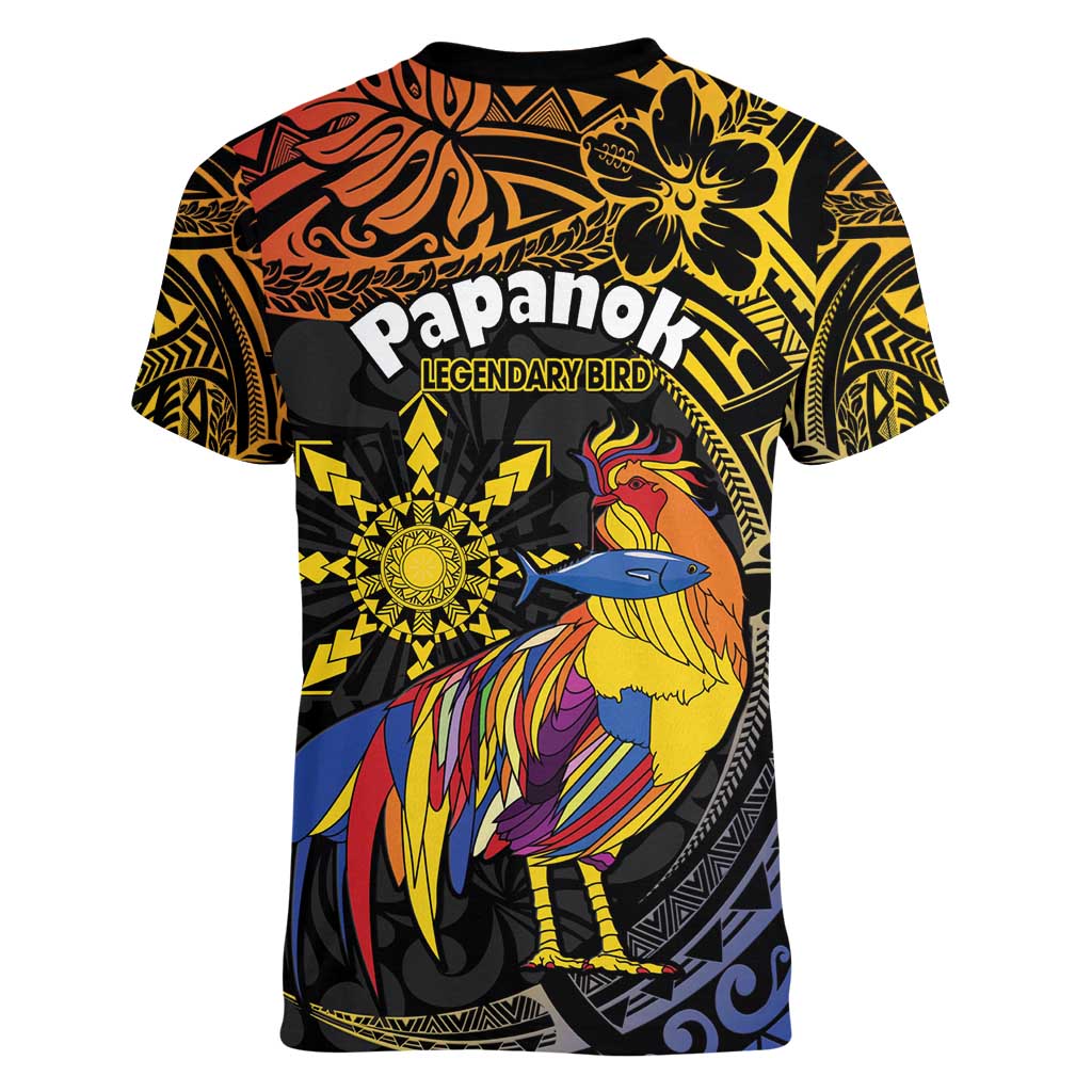 Philippines Sarimanok Women V-Neck T-Shirt Papanok Legendary Bird Okir Polynesian Pattern