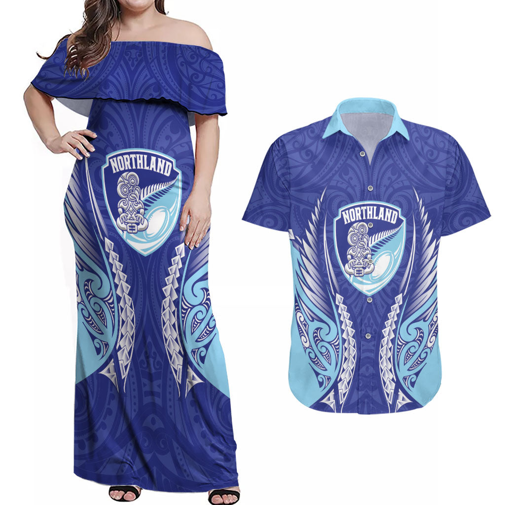 Northland 2026 Rugby Custom Couples Matching Off Shoulder Maxi Dress and Hawaiian Shirt NZ Maori Silver Fern LT14 Blue - Polynesian Pride