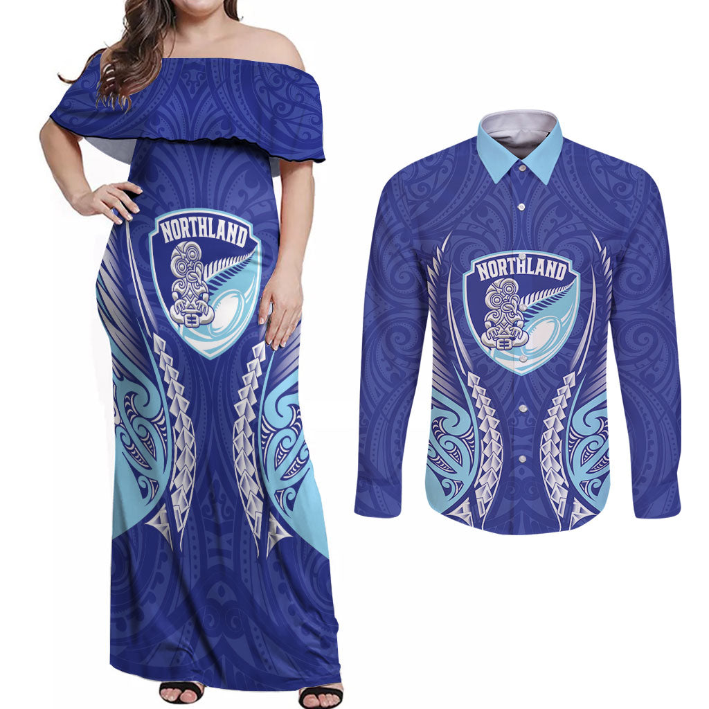 Northland 2026 Rugby Custom Couples Matching Off Shoulder Maxi Dress and Long Sleeve Button Shirt NZ Maori Silver Fern LT14 Blue - Polynesian Pride