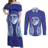 Northland 2026 Rugby Custom Couples Matching Off Shoulder Maxi Dress and Long Sleeve Button Shirt NZ Maori Silver Fern LT14 Blue - Polynesian Pride