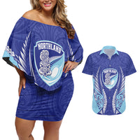 Northland 2026 Rugby Custom Couples Matching Off Shoulder Short Dress and Hawaiian Shirt NZ Maori Silver Fern LT14 Blue - Polynesian Pride