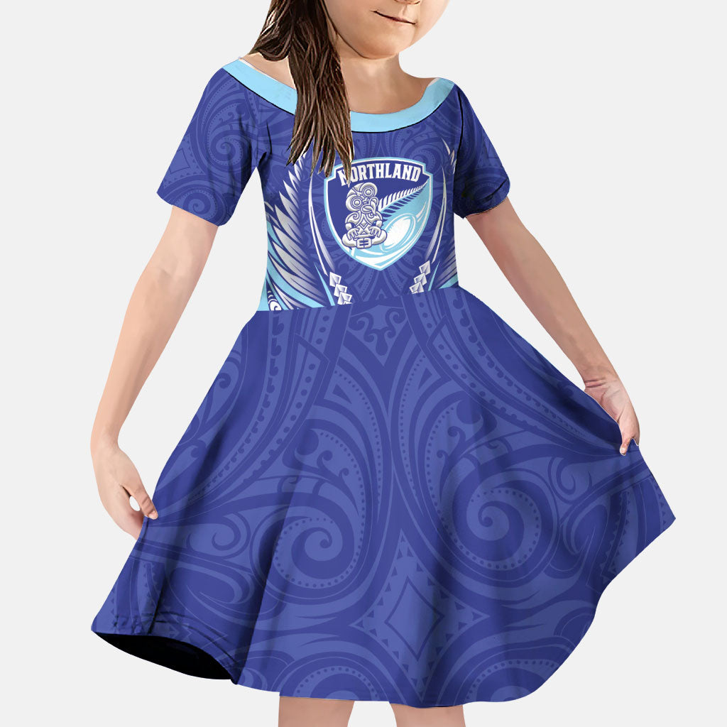 Northland 2026 Rugby Custom Family Matching Off Shoulder Short Dress and Hawaiian Shirt NZ Maori Silver Fern LT14 Daughter's Dress Blue - Polynesian Pride