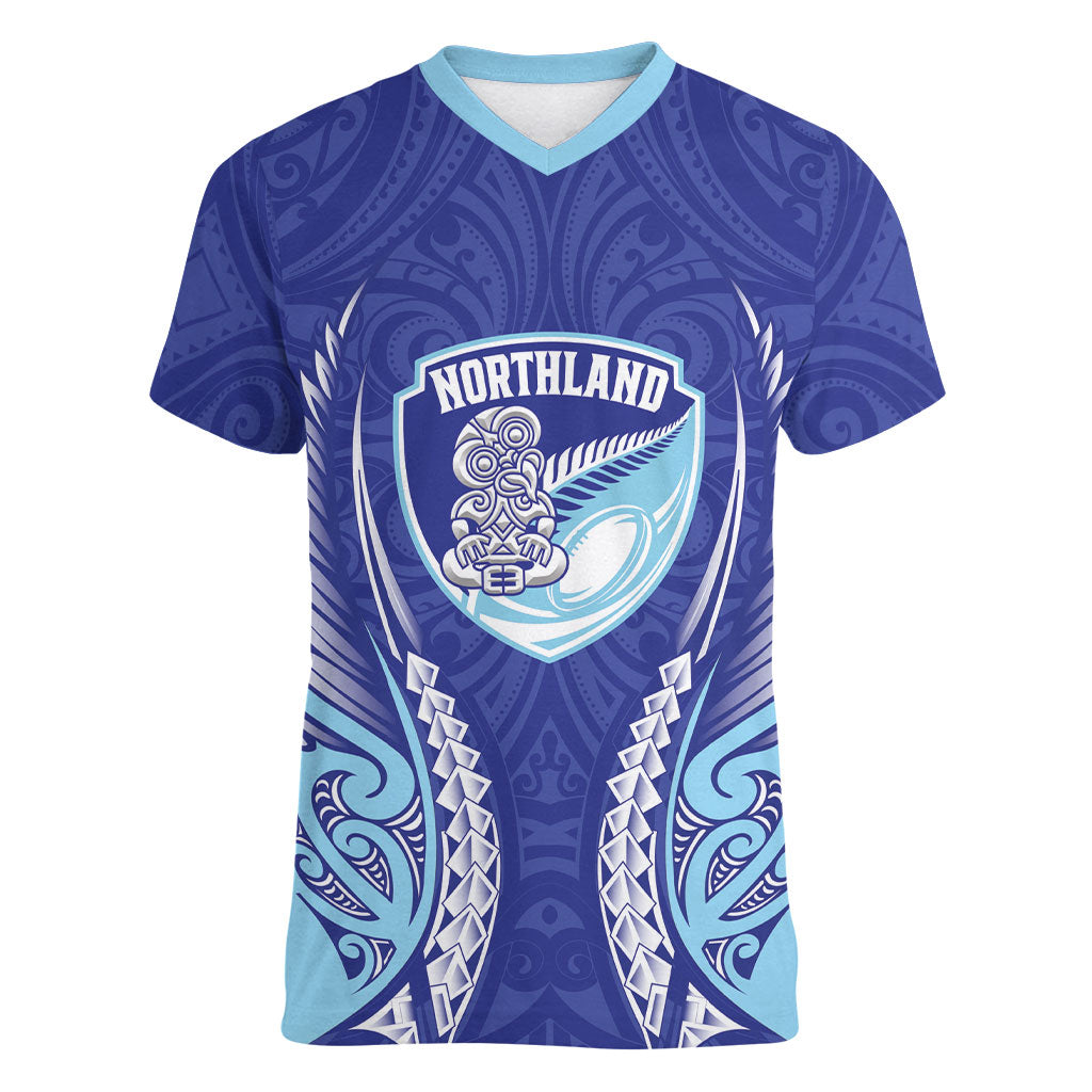 Northland 2026 Rugby Custom Women V-Neck T-Shirt NZ Maori Silver Fern LT14 Female Blue - Polynesian Pride