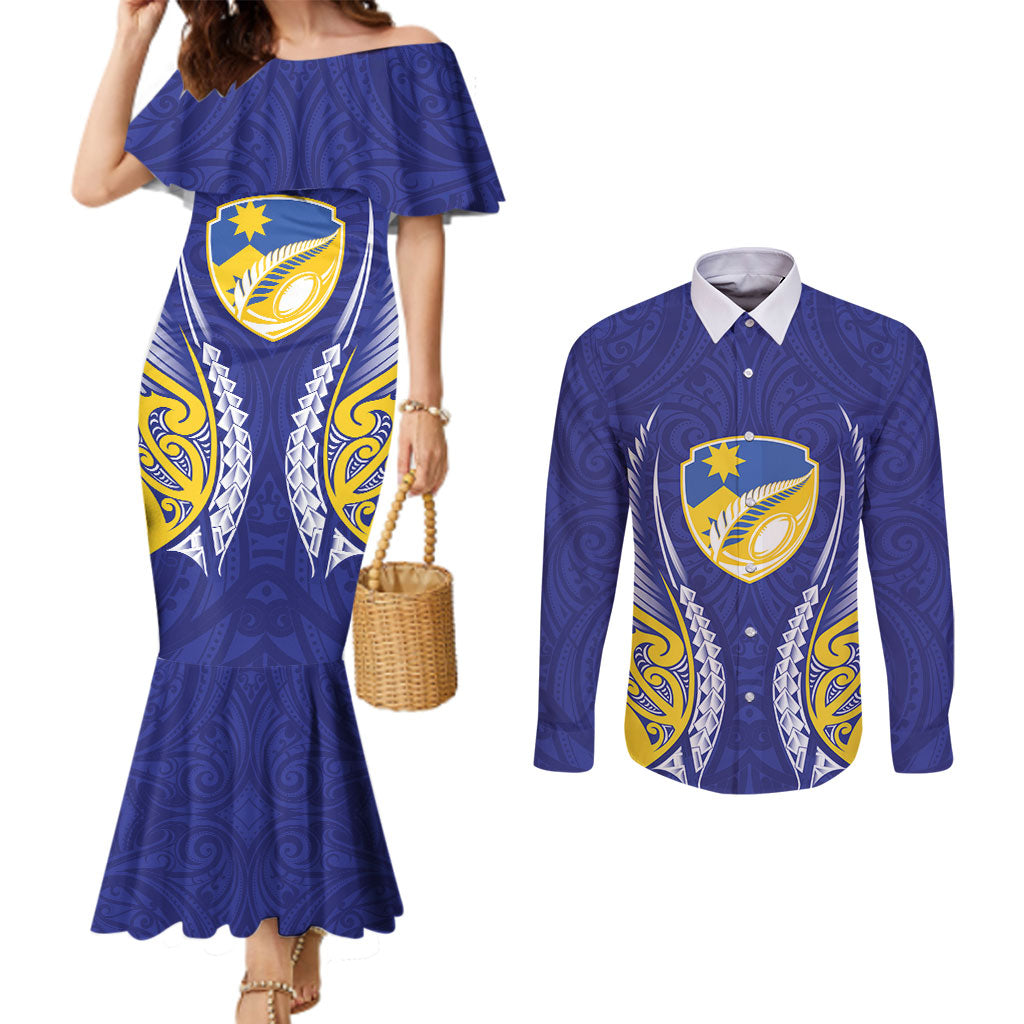 Otago 2026 Rugby Custom Couples Matching Mermaid Dress and Long Sleeve Button Shirt NZ Maori Silver Fern LT14 Blue - Polynesian Pride