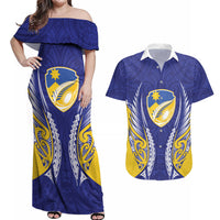 Otago 2026 Rugby Custom Couples Matching Off Shoulder Maxi Dress and Hawaiian Shirt NZ Maori Silver Fern LT14 Blue - Polynesian Pride