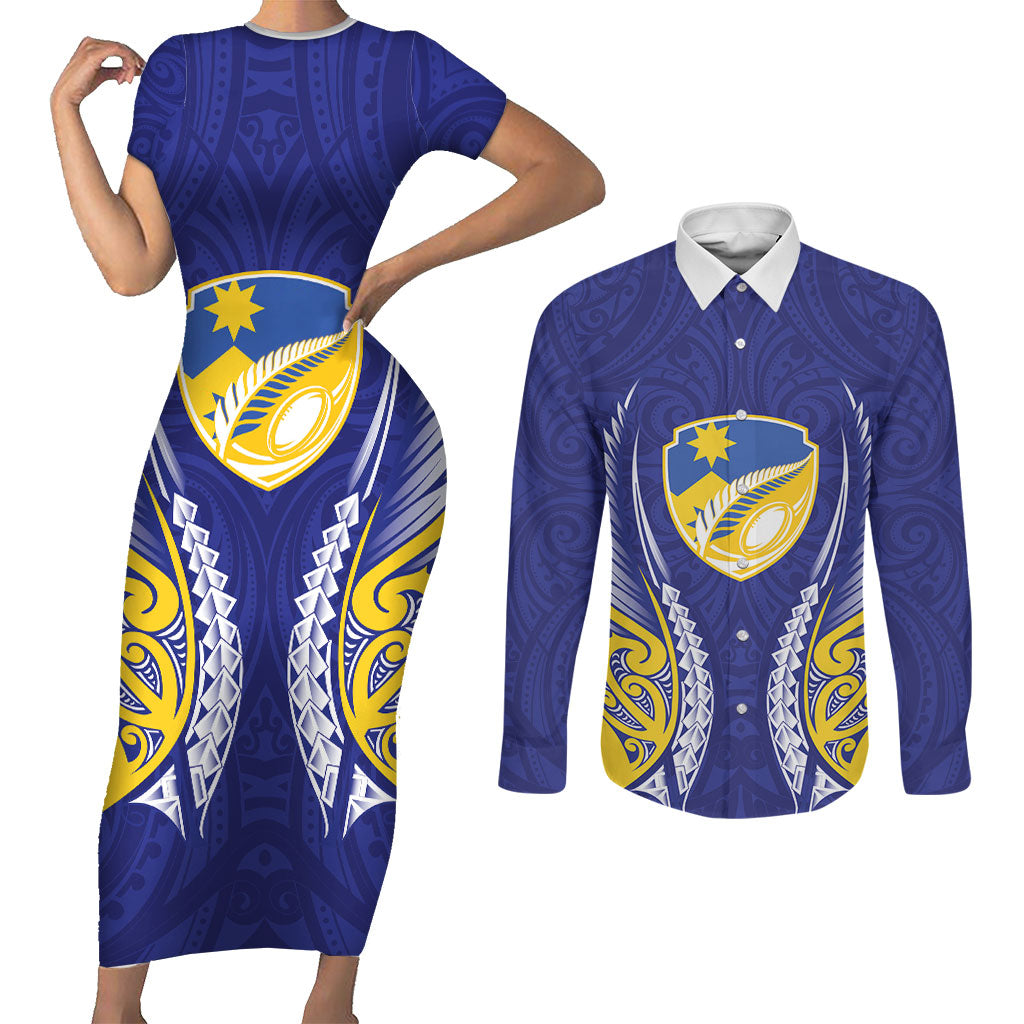 Otago 2026 Rugby Custom Couples Matching Short Sleeve Bodycon Dress and Long Sleeve Button Shirt NZ Maori Silver Fern LT14 Blue - Polynesian Pride