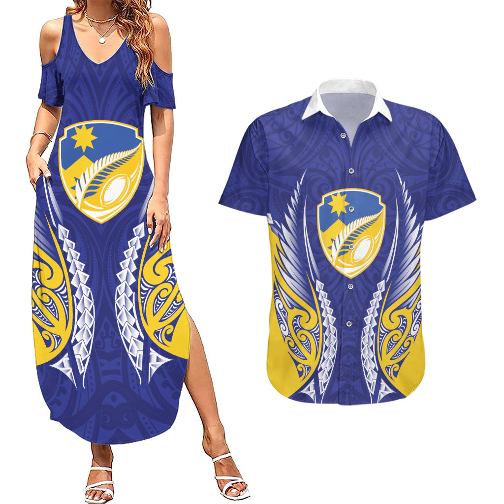 Otago 2026 Rugby Custom Couples Matching Summer Maxi Dress and Hawaiian Shirt NZ Maori Silver Fern LT14 Blue - Polynesian Pride