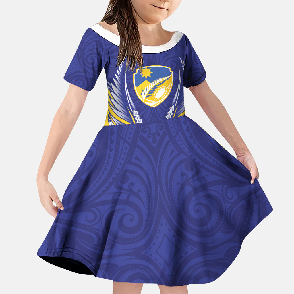 Otago 2026 Rugby Custom Family Matching Short Sleeve Bodycon Dress and Hawaiian Shirt NZ Maori Silver Fern LT14 Daughter's Dress Blue - Polynesian Pride