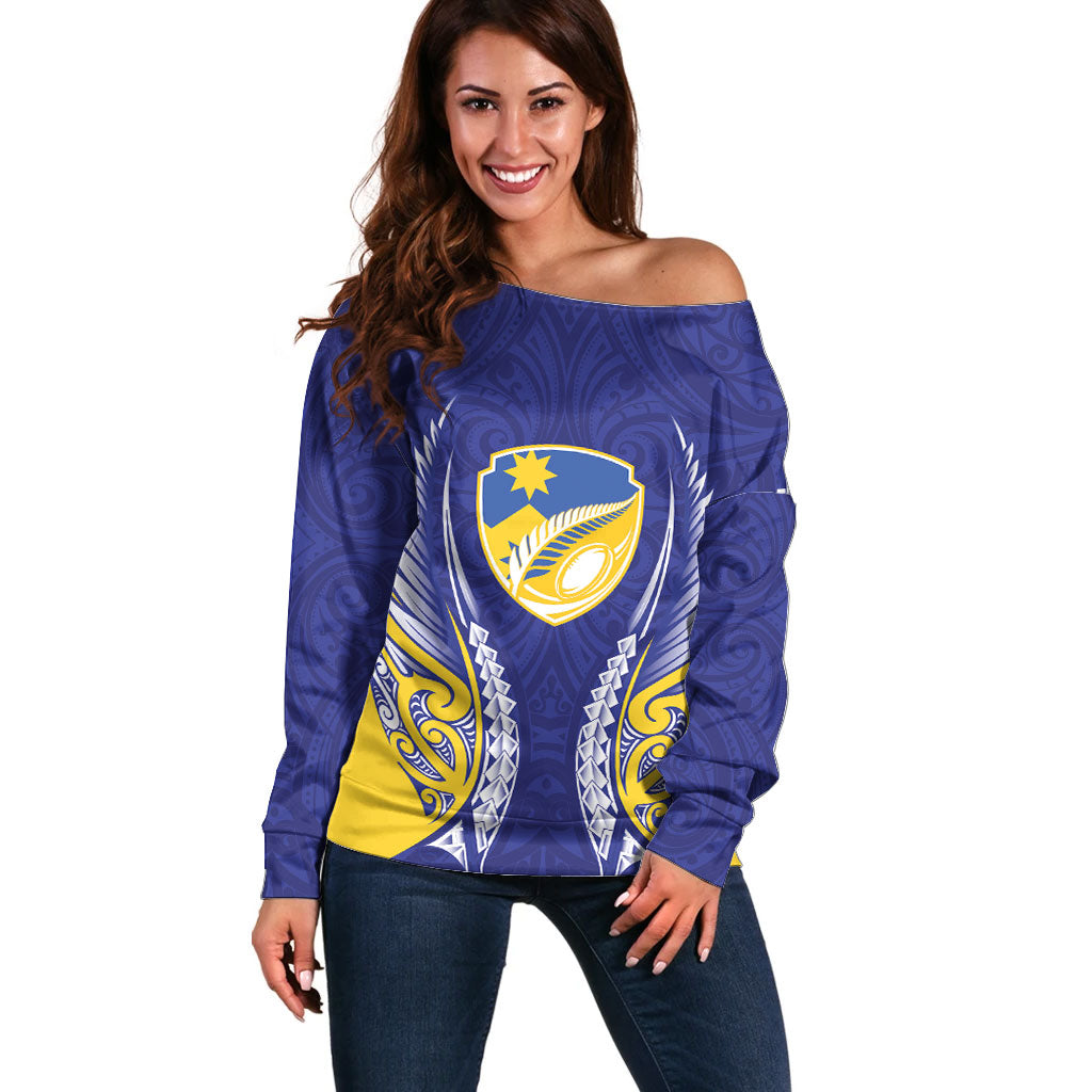 Otago 2026 Rugby Custom Off Shoulder Sweater NZ Maori Silver Fern LT14 Women Blue - Polynesian Pride