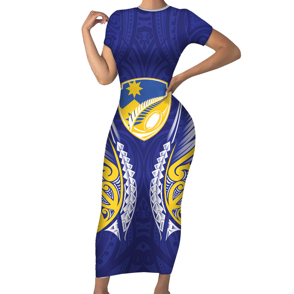 Otago 2026 Rugby Custom Short Sleeve Bodycon Dress NZ Maori Silver Fern LT14 Long Dress Blue - Polynesian Pride