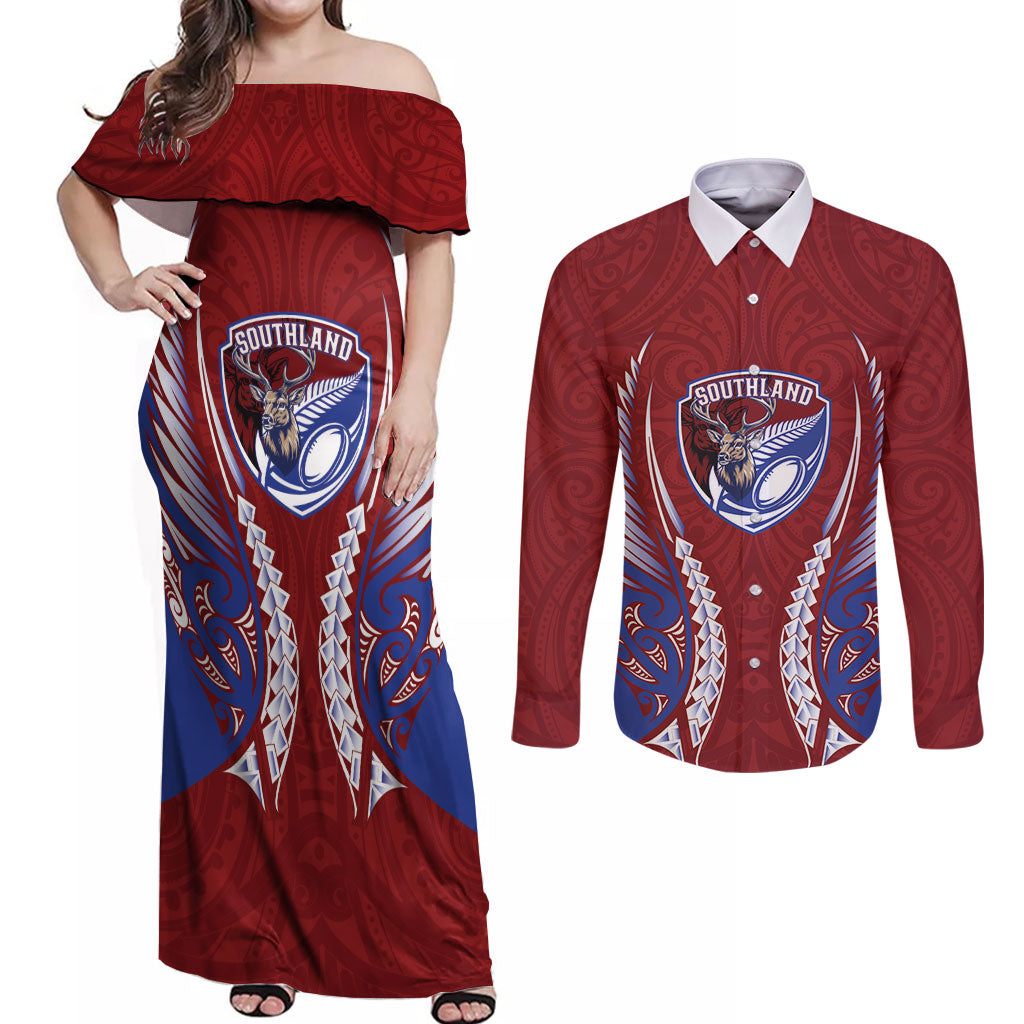 Southland 2026 Rugby Custom Couples Matching Off Shoulder Maxi Dress and Long Sleeve Button Shirt NZ Maori Silver Fern LT14 Maroon - Polynesian Pride