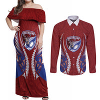Southland 2026 Rugby Custom Couples Matching Off Shoulder Maxi Dress and Long Sleeve Button Shirt NZ Maori Silver Fern LT14 Maroon - Polynesian Pride