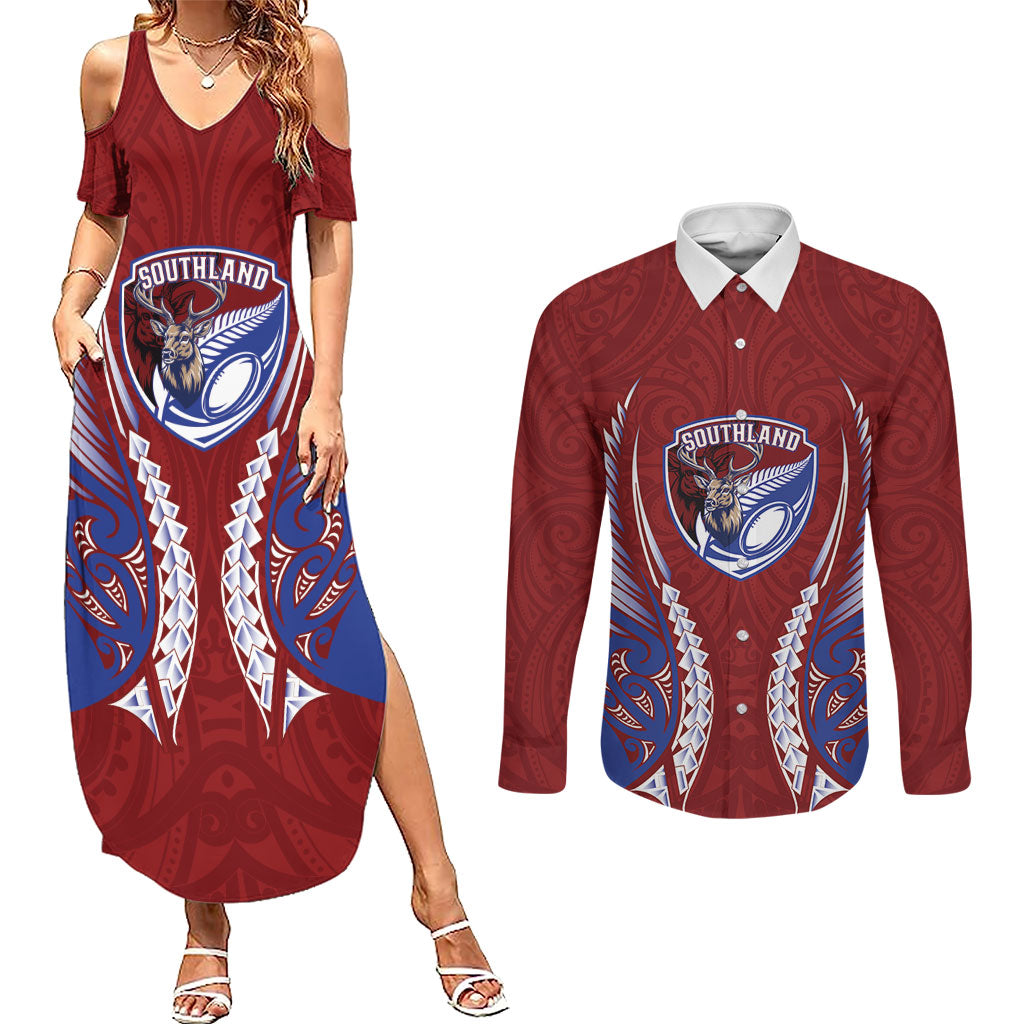 Southland 2026 Rugby Custom Couples Matching Summer Maxi Dress and Long Sleeve Button Shirt NZ Maori Silver Fern LT14 Maroon - Polynesian Pride
