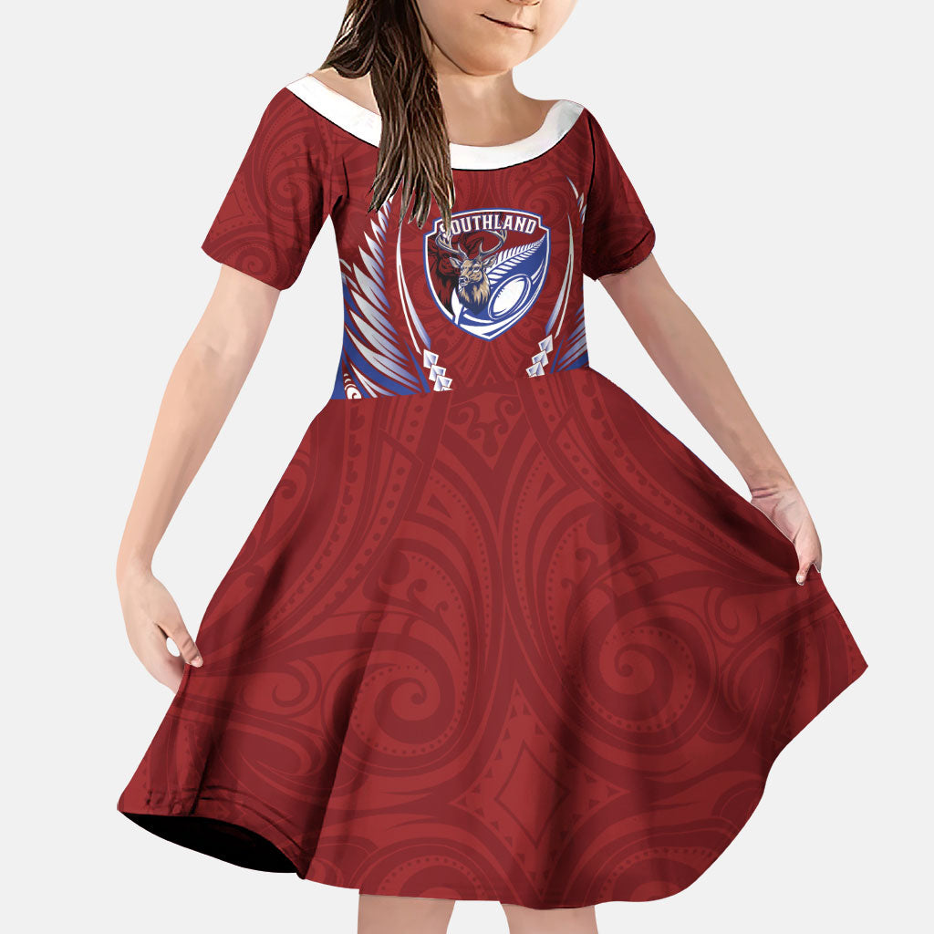 Southland 2026 Rugby Custom Family Matching Summer Maxi Dress and Hawaiian Shirt NZ Maori Silver Fern LT14 Daughter's Dress Maroon - Polynesian Pride