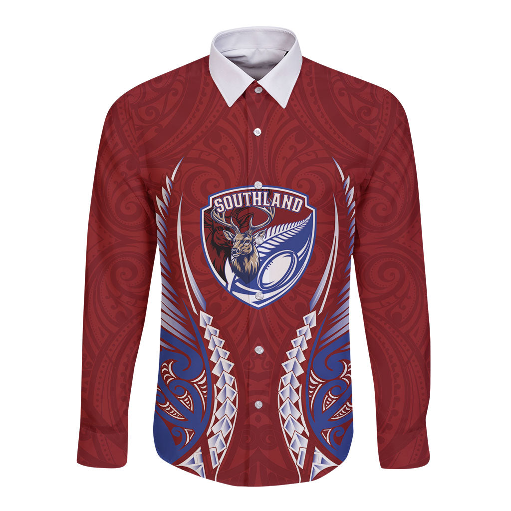 Southland 2026 Rugby Custom Long Sleeve Button Shirt NZ Maori Silver Fern LT14 Unisex Maroon - Polynesian Pride