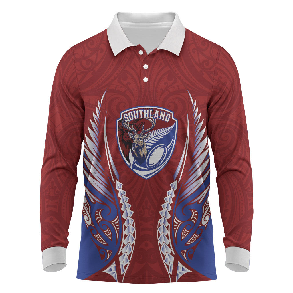 Southland 2026 Rugby Custom Long Sleeve Polo Shirt NZ Maori Silver Fern LT14 Maroon - Polynesian Pride