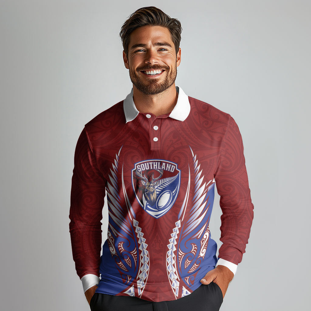 Southland 2026 Rugby Custom Long Sleeve Polo Shirt NZ Maori Silver Fern LT14 - Polynesian Pride