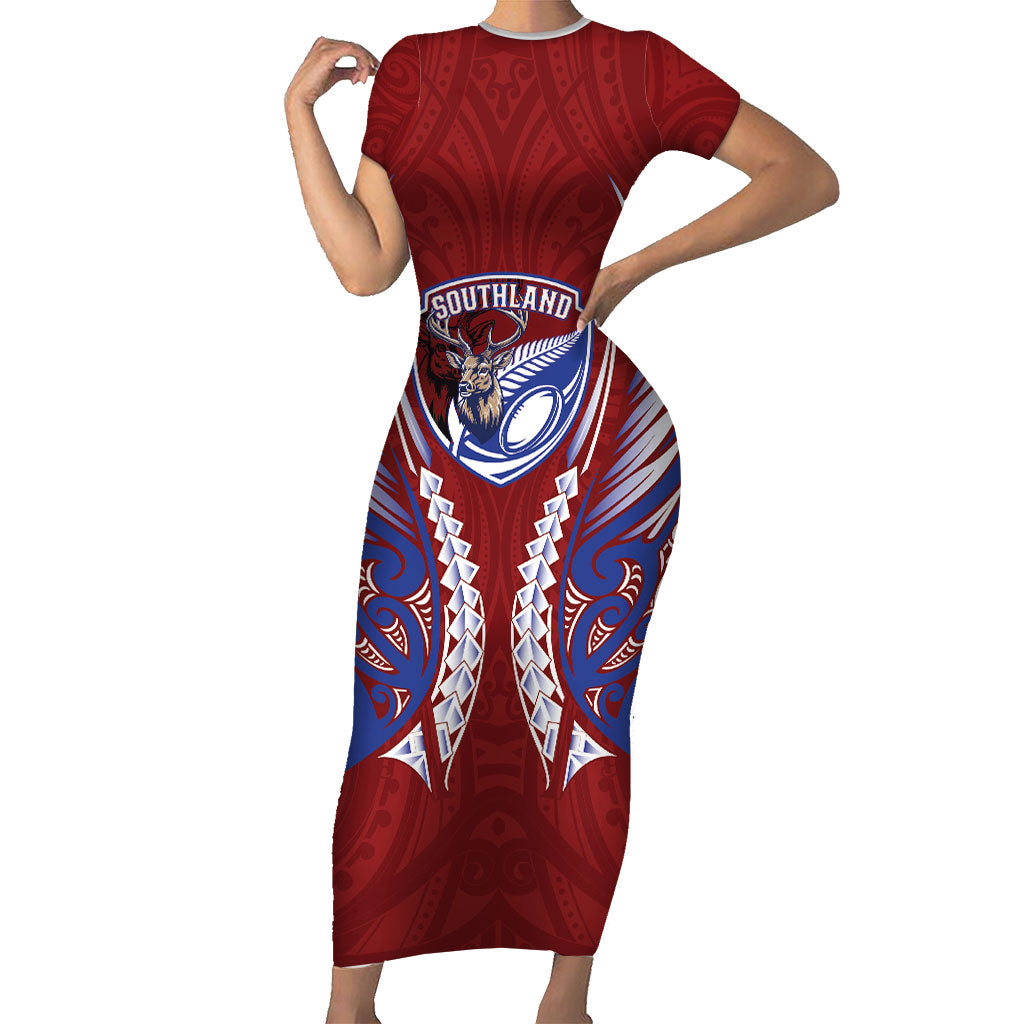 Southland 2026 Rugby Custom Short Sleeve Bodycon Dress NZ Maori Silver Fern LT14 Long Dress Maroon - Polynesian Pride