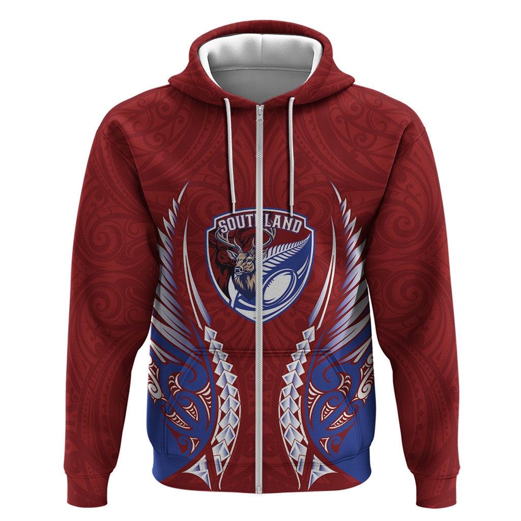 Southland 2026 Rugby Custom Zip Hoodie NZ Maori Silver Fern LT14 Zip Hoodie Maroon - Polynesian Pride