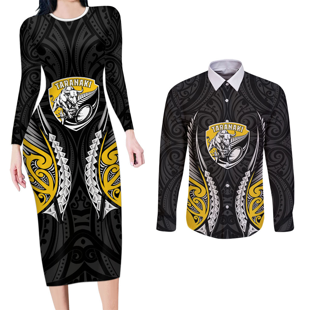 Taranaki 2026 Rugby Custom Couples Matching Long Sleeve Bodycon Dress and Long Sleeve Button Shirt NZ Maori Silver Fern LT14 Black - Polynesian Pride