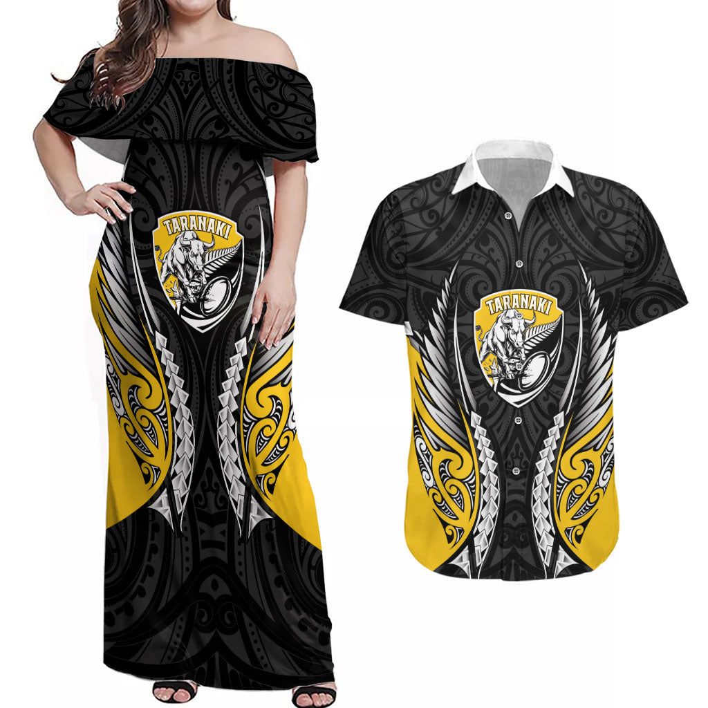 Taranaki 2026 Rugby Custom Couples Matching Off Shoulder Maxi Dress and Hawaiian Shirt NZ Maori Silver Fern LT14 Black - Polynesian Pride