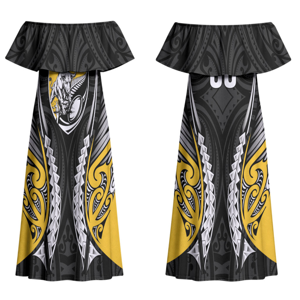 Taranaki 2026 Rugby Custom Couples Matching Off Shoulder Maxi Dress and Long Sleeve Button Shirt NZ Maori Silver Fern LT14 - Polynesian Pride