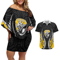 Taranaki 2026 Rugby Custom Couples Matching Off Shoulder Short Dress and Hawaiian Shirt NZ Maori Silver Fern LT14 Black - Polynesian Pride