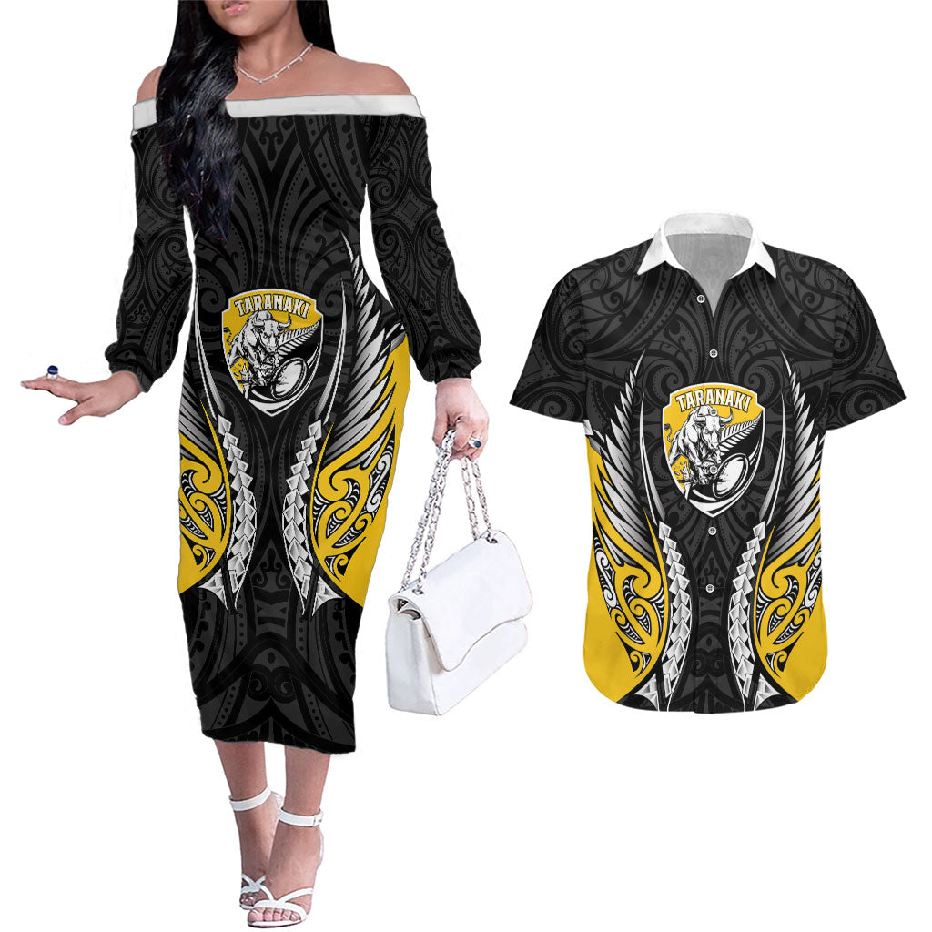 Taranaki 2026 Rugby Custom Couples Matching Off The Shoulder Long Sleeve Dress and Hawaiian Shirt NZ Maori Silver Fern LT14 Black - Polynesian Pride