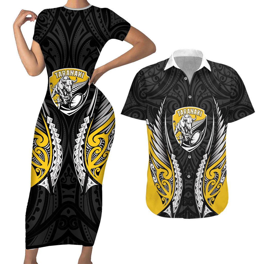 Taranaki 2026 Rugby Custom Couples Matching Short Sleeve Bodycon Dress and Hawaiian Shirt NZ Maori Silver Fern LT14 Black - Polynesian Pride