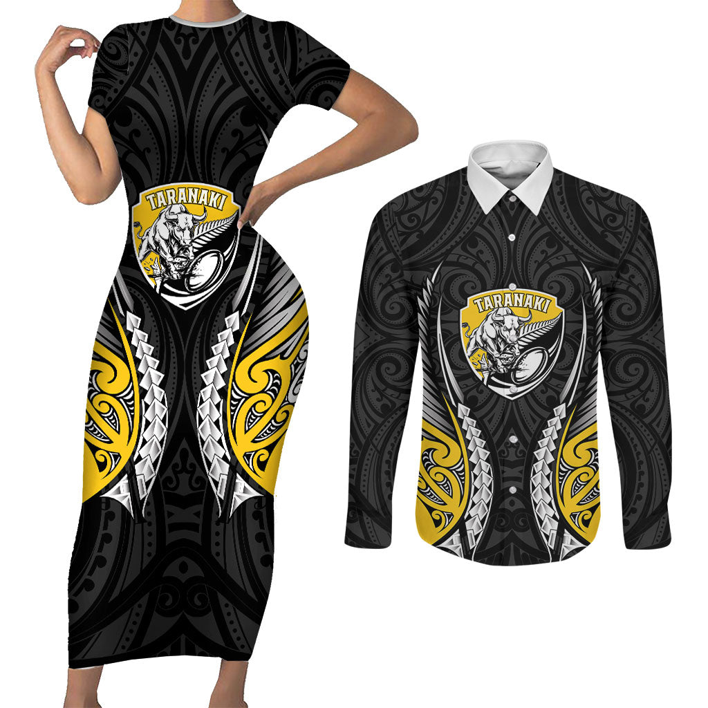 Taranaki 2026 Rugby Custom Couples Matching Short Sleeve Bodycon Dress and Long Sleeve Button Shirt NZ Maori Silver Fern LT14 Black - Polynesian Pride