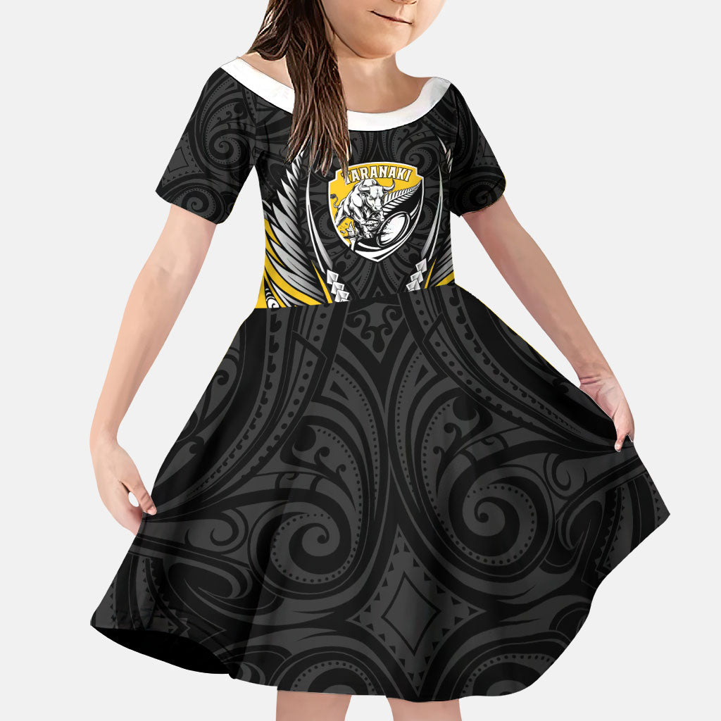 Taranaki 2026 Rugby Custom Family Matching Off Shoulder Maxi Dress and Hawaiian Shirt NZ Maori Silver Fern LT14 Daughter's Dress Black - Polynesian Pride