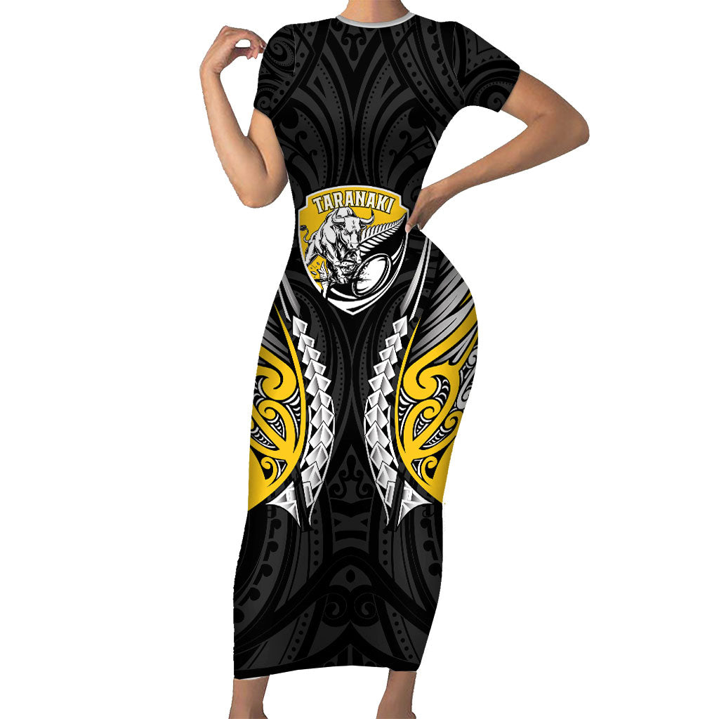 Taranaki 2026 Rugby Custom Short Sleeve Bodycon Dress NZ Maori Silver Fern LT14 Long Dress Black - Polynesian Pride