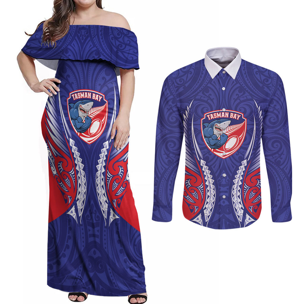 Tasman Bay 2026 Rugby Custom Couples Matching Off Shoulder Maxi Dress and Long Sleeve Button Shirt NZ Maori Silver Fern LT14 Blue - Polynesian Pride