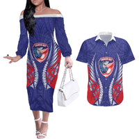 Tasman Bay 2026 Rugby Custom Couples Matching Off The Shoulder Long Sleeve Dress and Hawaiian Shirt NZ Maori Silver Fern LT14 Blue - Polynesian Pride