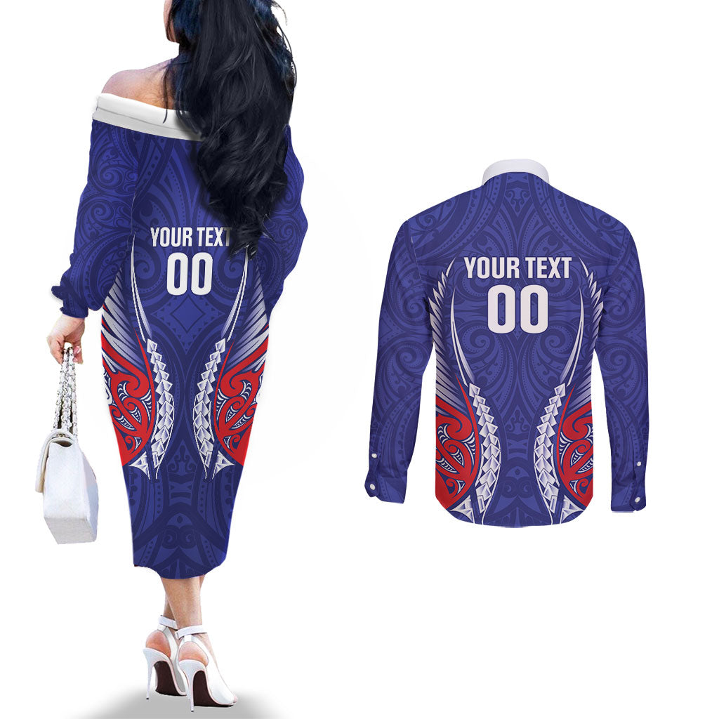 Tasman Bay 2026 Rugby Custom Couples Matching Off The Shoulder Long Sleeve Dress and Long Sleeve Button Shirt NZ Maori Silver Fern LT14 - Polynesian Pride