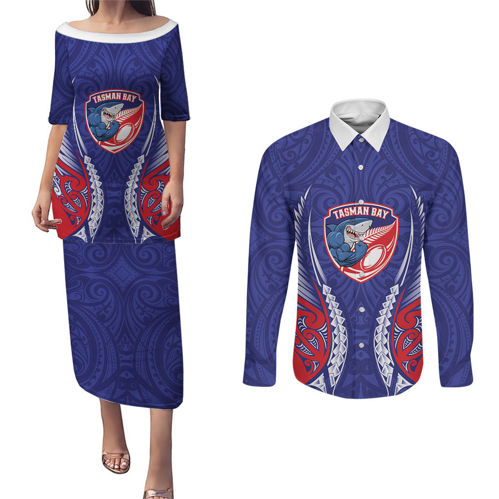 Tasman Bay 2026 Rugby Custom Couples Matching Puletasi and Long Sleeve Button Shirt NZ Maori Silver Fern LT14 Blue - Polynesian Pride