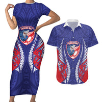 Tasman Bay 2026 Rugby Custom Couples Matching Short Sleeve Bodycon Dress and Hawaiian Shirt NZ Maori Silver Fern LT14 Blue - Polynesian Pride