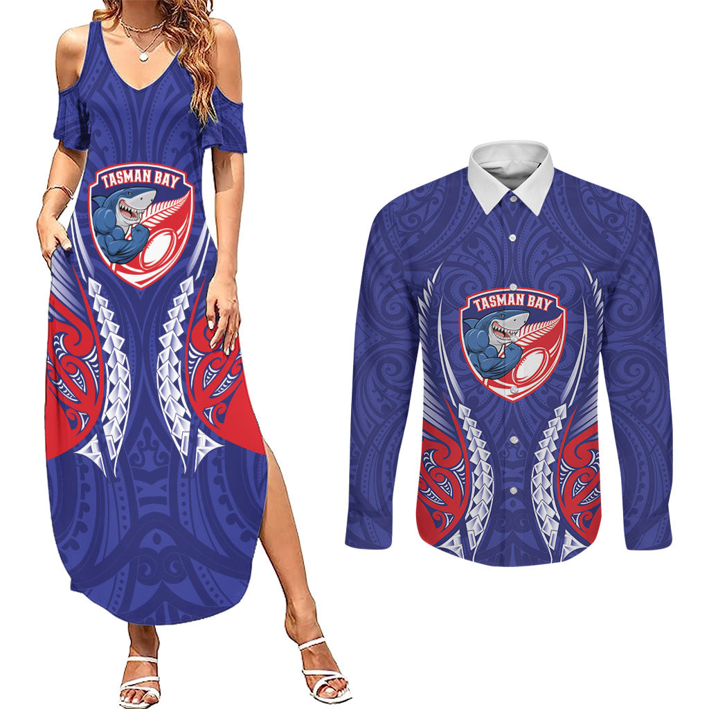 Tasman Bay 2026 Rugby Custom Couples Matching Summer Maxi Dress and Long Sleeve Button Shirt NZ Maori Silver Fern LT14 Blue - Polynesian Pride