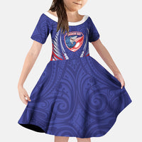 Tasman Bay 2026 Rugby Custom Family Matching Off The Shoulder Long Sleeve Dress and Hawaiian Shirt NZ Maori Silver Fern LT14 Daughter's Dress Blue - Polynesian Pride