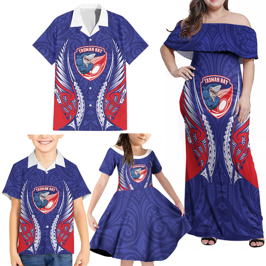 Tasman Bay 2026 Rugby Custom Family Matching Off Shoulder Maxi Dress and Hawaiian Shirt NZ Maori Silver Fern LT14 - Polynesian Pride