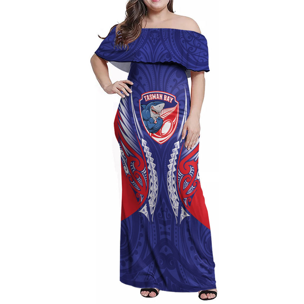 Tasman Bay 2026 Rugby Custom Family Matching Off Shoulder Maxi Dress and Hawaiian Shirt NZ Maori Silver Fern LT14 Mom's Dress Blue - Polynesian Pride