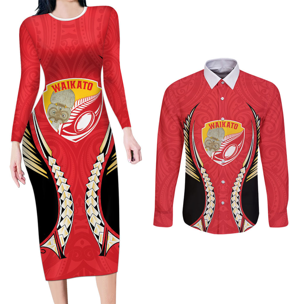 Waikato 2026 Rugby Custom Couples Matching Long Sleeve Bodycon Dress and Long Sleeve Button Shirt NZ Maori Silver Fern LT14 Red - Polynesian Pride