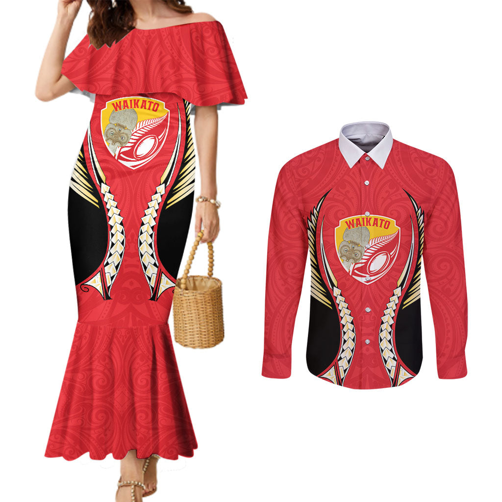 Waikato 2026 Rugby Custom Couples Matching Mermaid Dress and Long Sleeve Button Shirt NZ Maori Silver Fern LT14 Red - Polynesian Pride