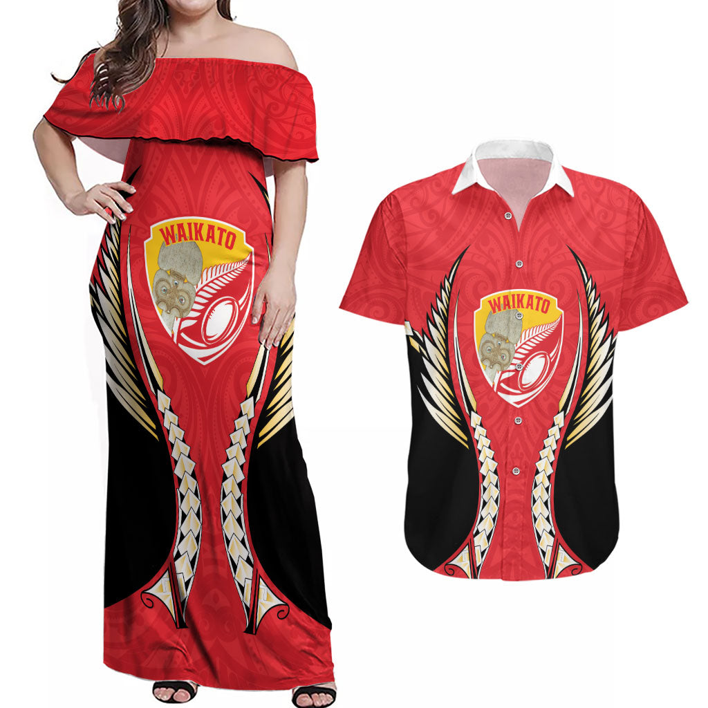 Waikato 2026 Rugby Custom Couples Matching Off Shoulder Maxi Dress and Hawaiian Shirt NZ Maori Silver Fern LT14 Red - Polynesian Pride